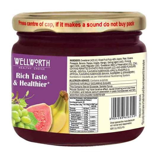 WellWorth Mixed Fruit Jam - No Added Sugar - 400g Glass Jar