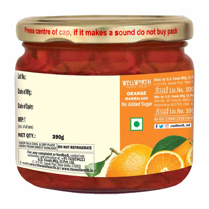 WellWorth Orange Marmalade Jam with No Added Sugar - 390g Glass Jar