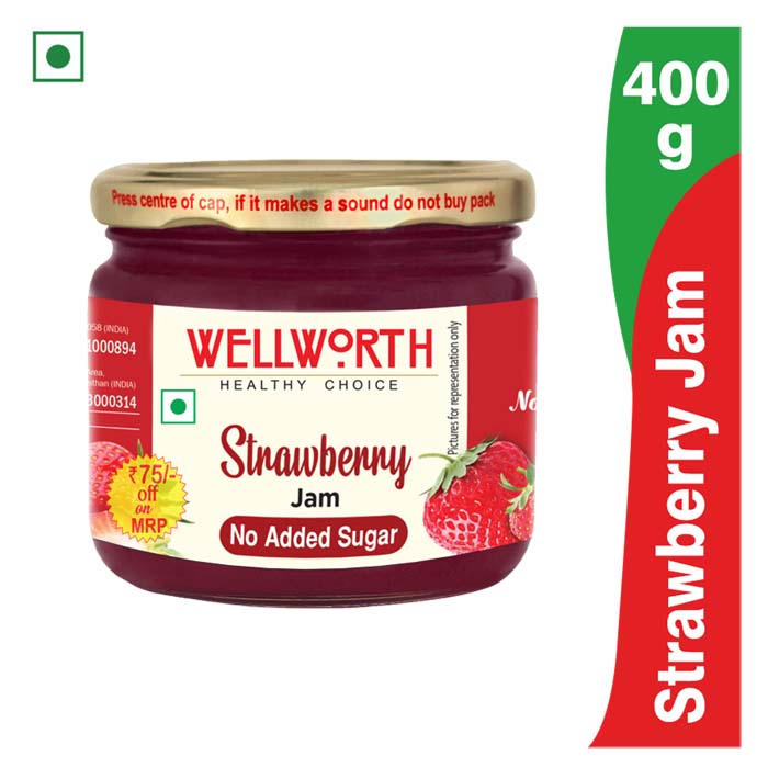 WellWorth Strawberry Jam with No Added Sugar - 400g Glass Jar